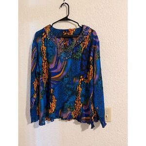 Pleats Collection Womens 1XL Abstract Animal Print Studded V-Neck Pleated Top